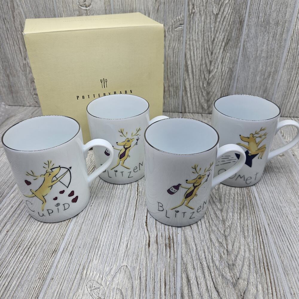 Pottery Barn Reindeer Mugs Set of 4 Comet Cupid Double Blitzen Christmas‎ Boxed